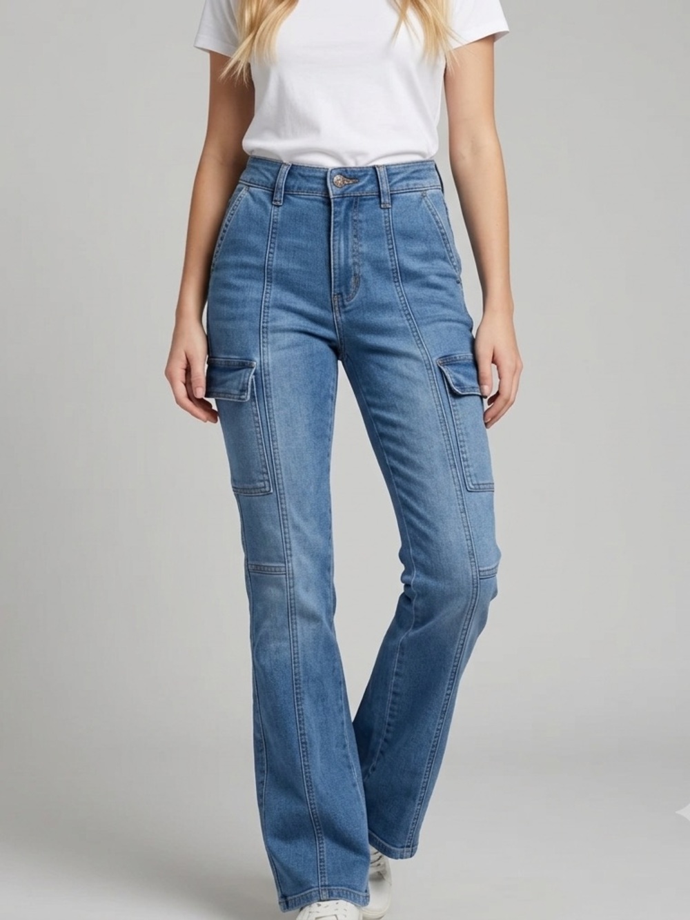 Madden NYC Skater Cargo Flare Women’s Jeans Front Seam Cargo Pockets Size 8